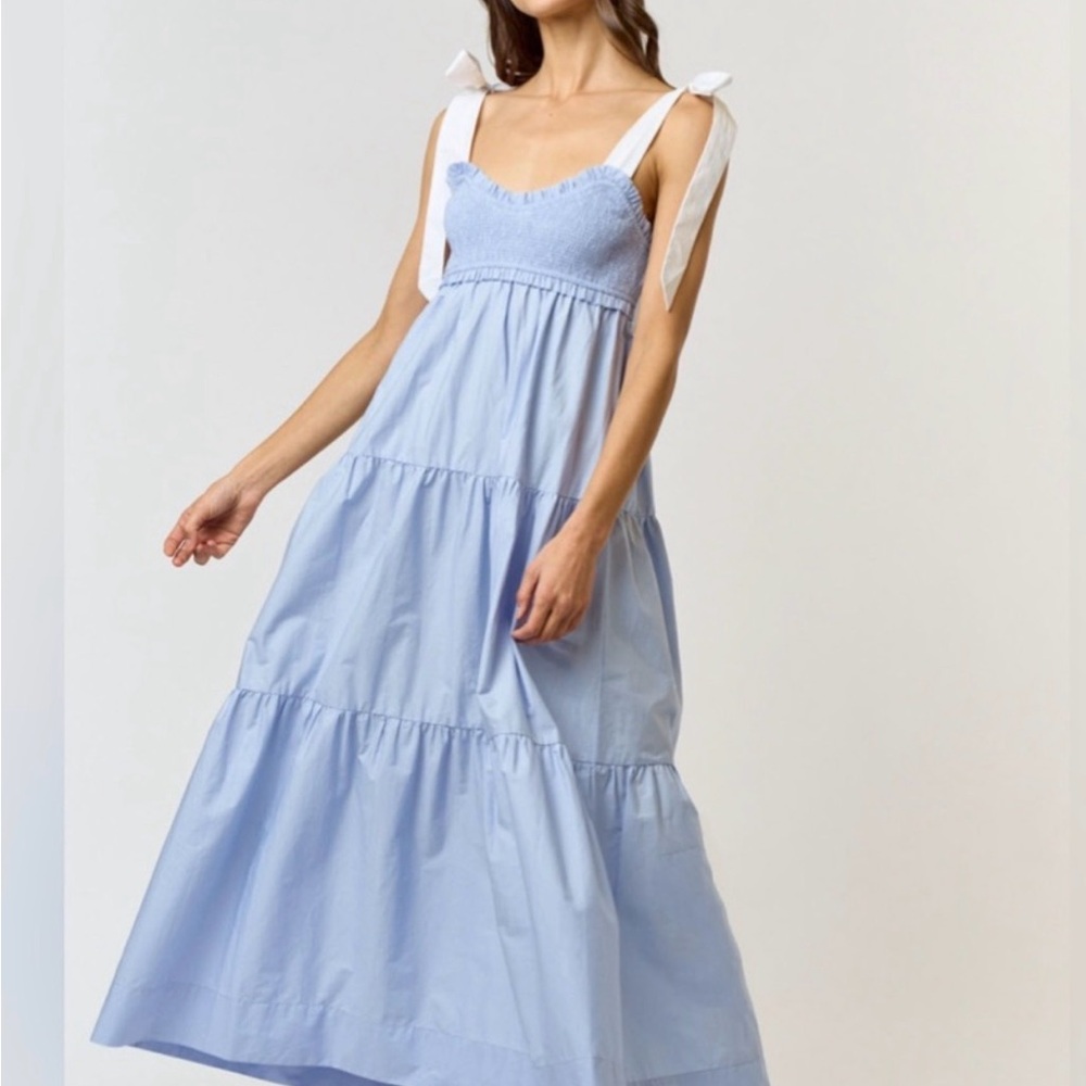 Sleeveless Blue Tiered Maxi Dress with Tie Straps